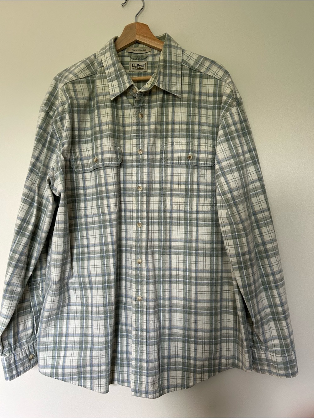 L.L. Bean Men's Light Green and White Plaid Button-Down Shirt